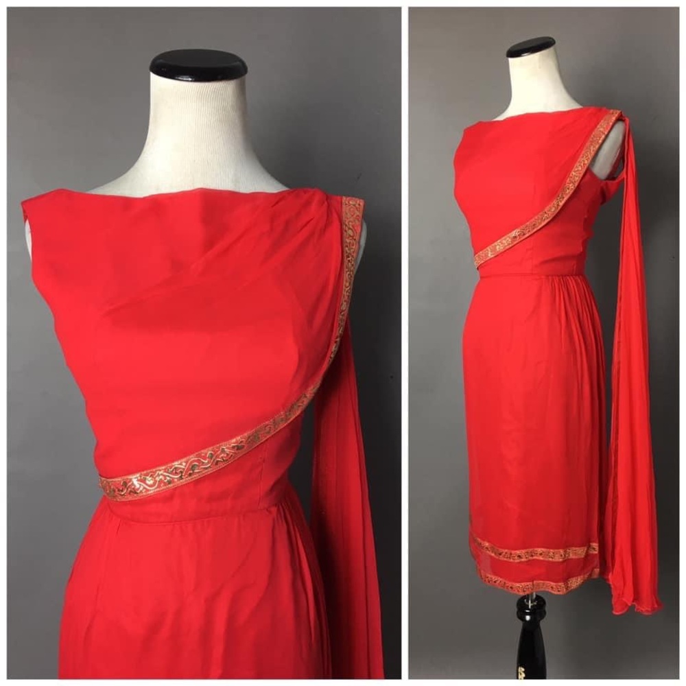Vintage chiffon sari red gold cape dress xs